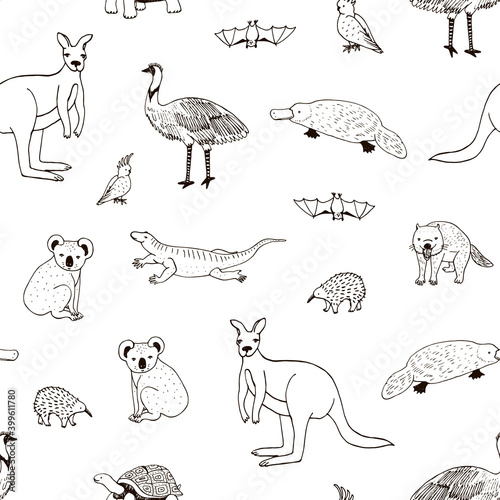 Australian animals hand drawn vector seamless pattern.