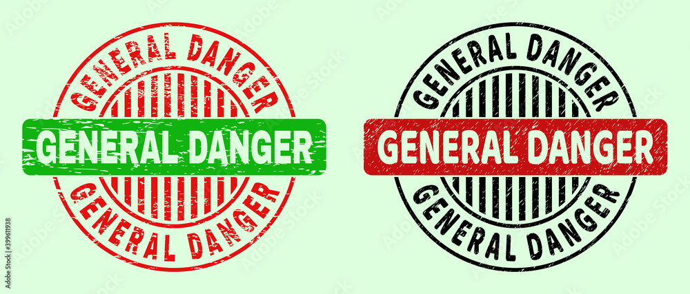 GENERAL DANGER bicolor round watermarks with corroded surface. Flat vector textured watermarks with GENERAL DANGER title inside circle, in red, black, green colors. Round bicolor stamps.