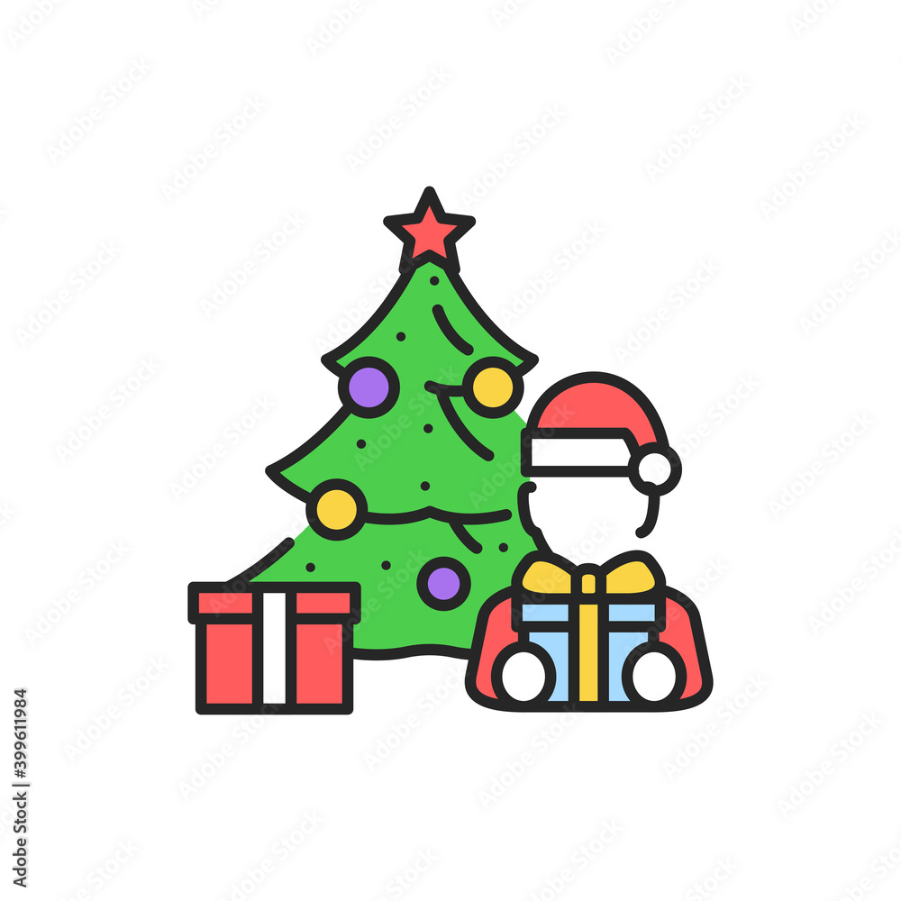 Fototapeta premium Christmas decorated tree and child color line icon. Glowing lights. Editable stroke.