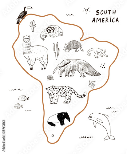 South America world map animals hand drawn vector set 
