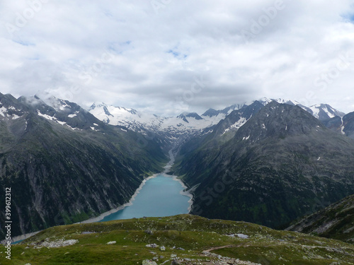 Schlegeisspeicher reservoir, Olperer hut, at Berlin high path, Zillertal Alps in Tyrol, Austria