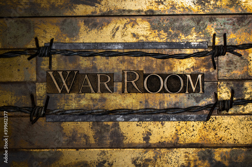 War Room text on grunge textured corroded copper and gold background