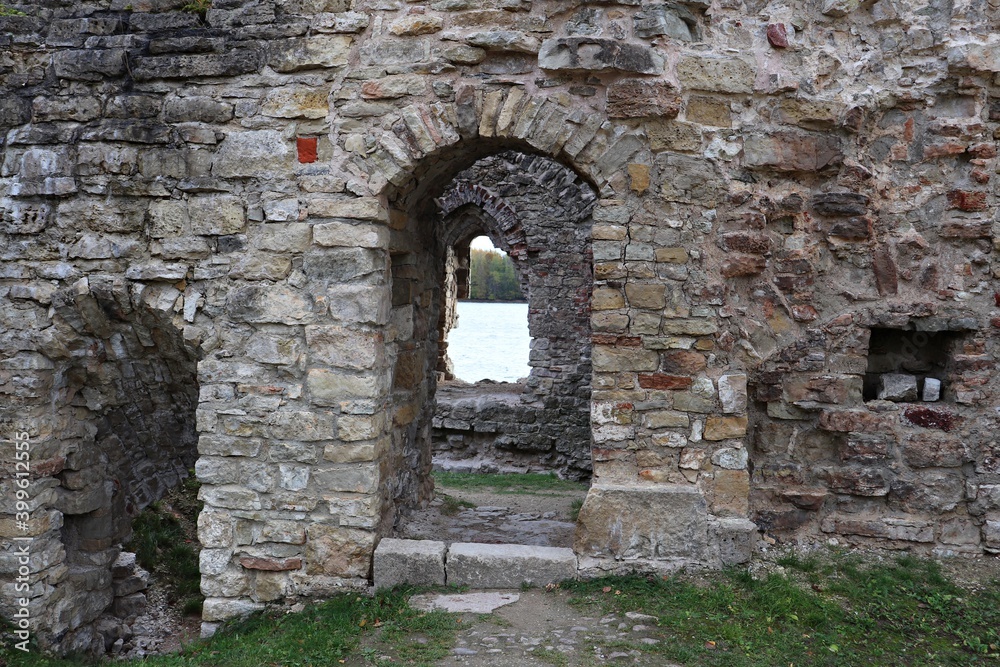 Ruins of the ancient Kokne castle on the territory of Latvia on the river bank 23 October 2020