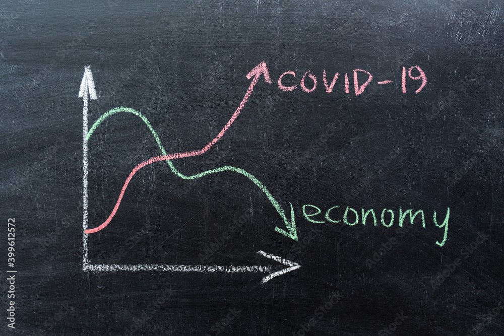 The concept of the crisis associated with the COVID-19 pandemic. Economic chart on a chalkboard