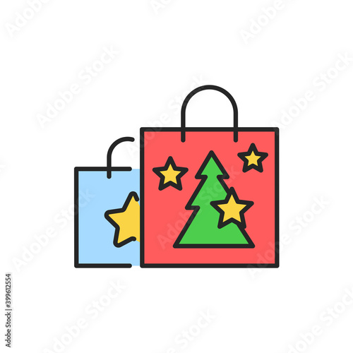 New year shopping package color line icon. Glowing lights. Editable stroke.