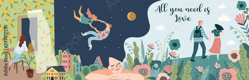 Romantic illustrations with men and women. Love, love story, relationship. Vector design banner for Valentines Day