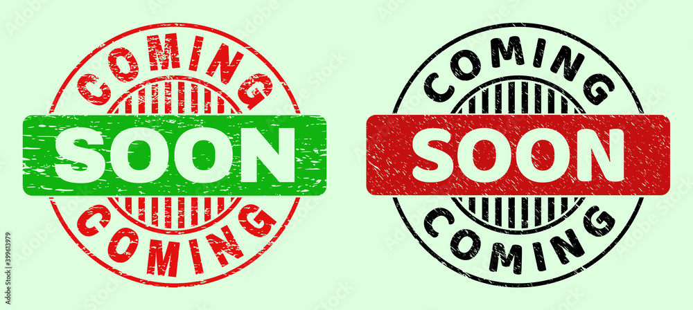 COMING SOON bicolor round rubber imitations with unclean style. Flat vector grunge stamps with COMING SOON caption inside round shape, in red, black, green colors. Rounded bicolor stamps. COMING SOON bicolor round rubber imitations with unclean style. Flat vector grunge stamps with COMING SOON caption inside round shape, in red, black, green colors. Rounded bicolor stamps.