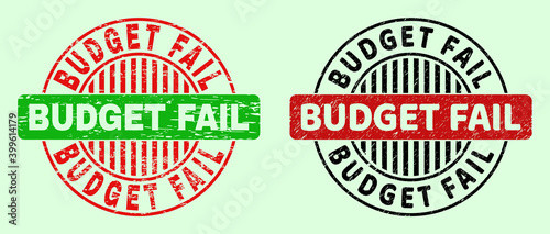 BUDGET FAIL bicolor round imprints with unclean style. Flat vector distress watermarks with BUDGET FAIL caption inside round shape, in red, black, green colors. Round bicolour watermarks.