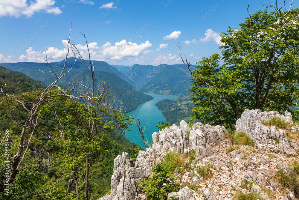 Viewpoint in Tara National Park, Serbia. Beautiful landscape of the Drina river canyon and Perucac Lake.