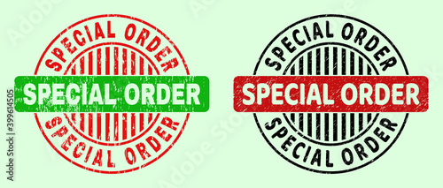 SPECIAL ORDER bicolor round imprints with unclean texture. Flat vector grunge seal stamps using SPECIAL ORDER message inside round shape, in red, black, green colors. Round bicolor seal stamps.