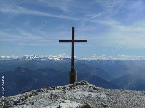 Summit cross at Hochkönig mountain, Königsjodler via ferrata in Berchtesgaden Alps, Austria