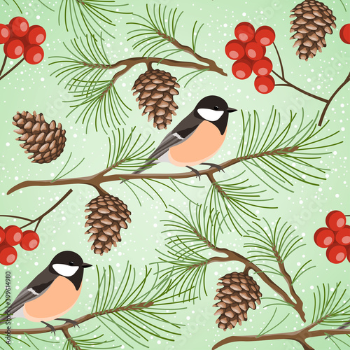 Winter theme seamless pattern with birds, pine cones and rowan berries.
