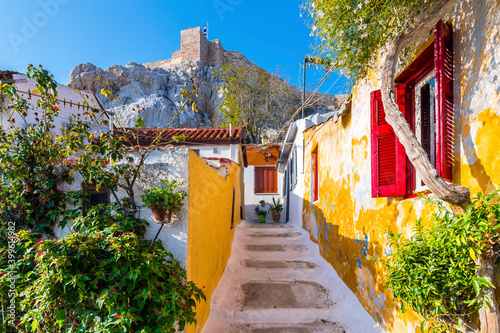 Colorful street view in Plaka District of Athens.