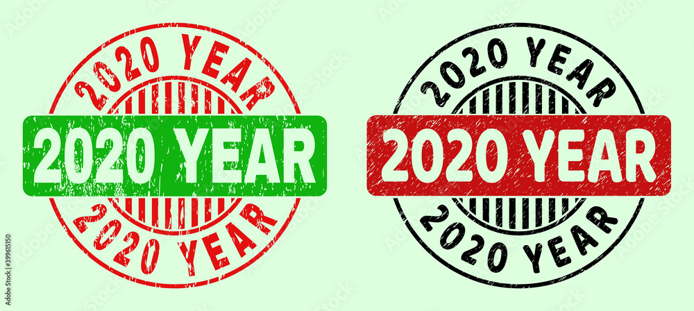 2020 YEAR bicolor round imprints with scratched surface. Flat vector scratched seal stamps with 2020 YEAR caption inside round shape, in red, black, green colors. Round bicolour seal stamps.