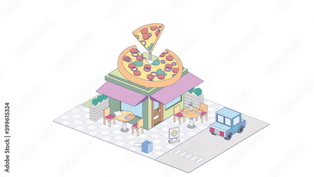 Isometric pizzeria on white background. Modern pizzeria in isometric projection.