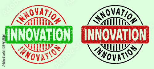 INNOVATION bicolor round watermarks with grunged surface. Flat vector grunge seal stamps with INNOVATION phrase inside circle, in red, black, green colors. Round bicolor seal stamps.