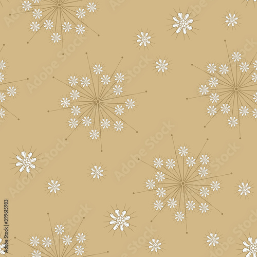 Vector seamless pattern with golden flowers, snowflakes. Elegant abstract floral texture. Stylish gold and white background. Christmas and New Year holidays decor. Repeat design for print, wallpapers