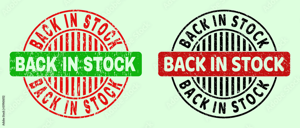 BACK IN STOCK bicolor round imprints with grunged texture. Flat vector scratched seals with BACK IN STOCK title inside round shape, in red, black, green colors. Round bicolor seal stamps. BACK IN STOCK bicolor round imprints with grunged texture. Flat vector scratched seals with BACK IN STOCK title inside round shape, in red, black, green colors. Round bicolor seal stamps.
