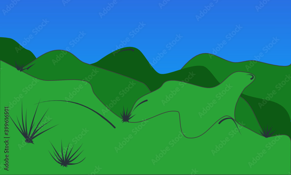 Grüne Hügellandschaft aus verschiedenen Grüntönen und einige Gräser und blauem Himmel