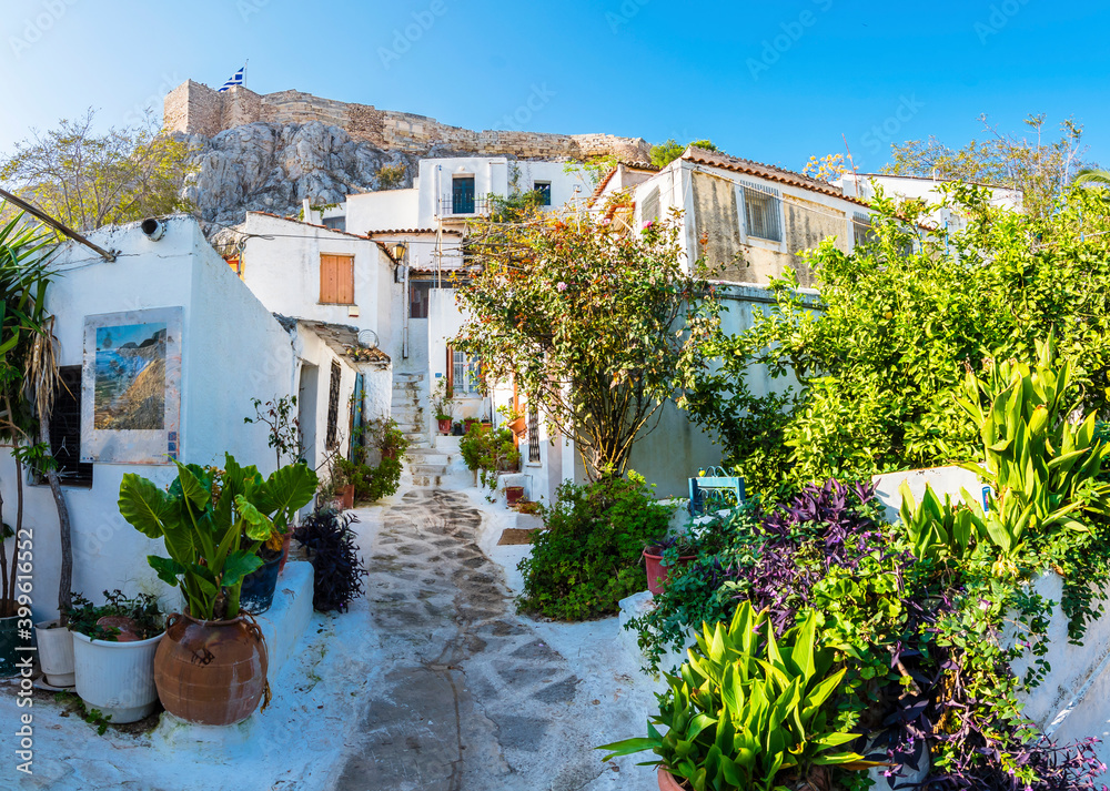 Fototapeta premium Colorful street view in Plaka District of Athens.