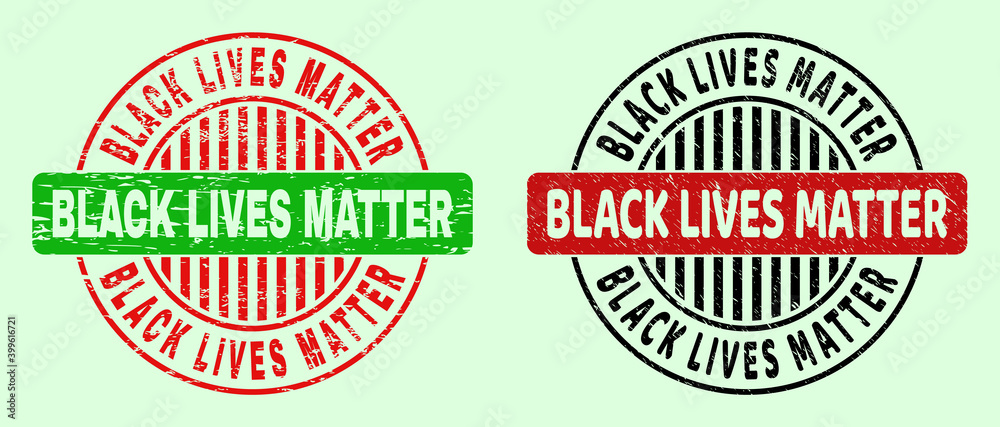 BLACK LIVES MATTER bicolor round imprints with distress surface. Flat vector distress seal stamps with BLACK LIVES MATTER phrase inside round shape, in red, black, green colors. Round bicolor stamps. BLACK LIVES MATTER bicolor round imprints with distress surface. Flat vector distress seal stamps with BLACK LIVES MATTER phrase inside round shape, in red, black, green colors. Round bicolor stamps.