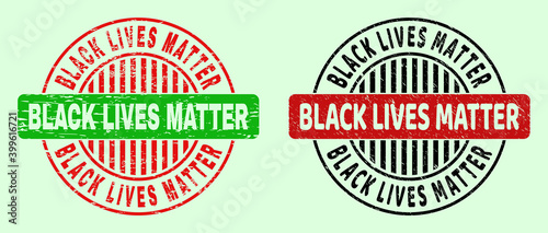 BLACK LIVES MATTER bicolor round imprints with distress surface. Flat vector distress seal stamps with BLACK LIVES MATTER phrase inside round shape, in red, black, green colors. Round bicolor stamps.