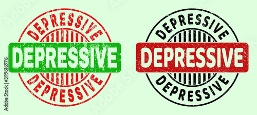 DEPRESSIVE bicolor round watermarks with unclean style. Flat vector distress seals with DEPRESSIVE title inside round shape, in red, black, green colors. Round bicolour watermarks.
