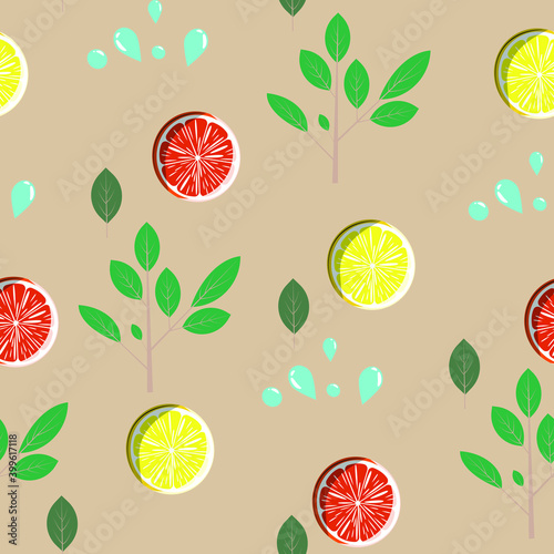 Round slices of grapefruit and lemon. Vector seamless pattern.