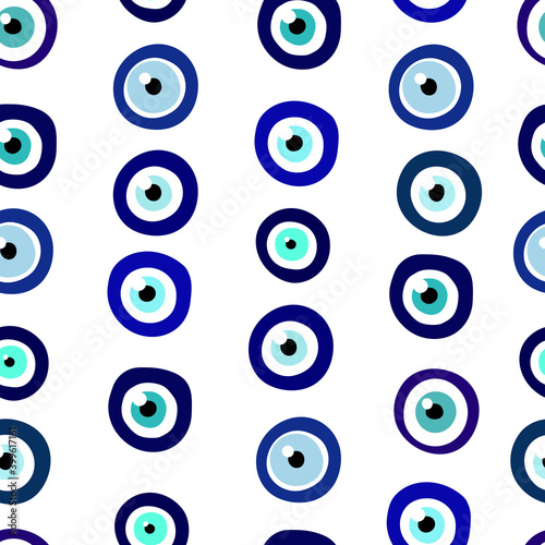 Seamless Nazar Boncugu amulet blue eye pattern. Turkish, Greece Talisman isolated on white background. Fatima Eye protection symbol set. Magic round sign. Glass evil eye lines vector illustration