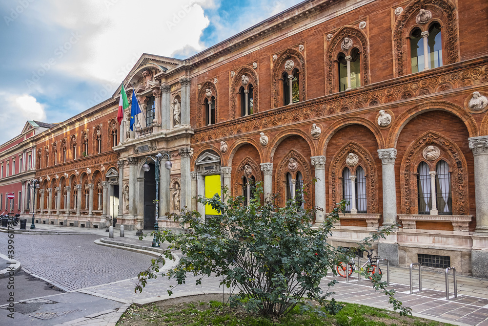 The exterior of the University of Milan. University of Milan is based in famous La Ca Granda - huge Ospedale Maggiore complex. Milan, Lombardy, Italy.