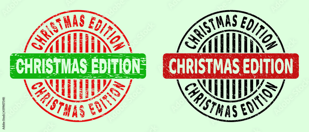 CHRISTMAS EDITION bicolor round rubber imitations with distress style. Flat vector grunge seal stamps with CHRISTMAS EDITION title inside circle, in red, black, green colors.