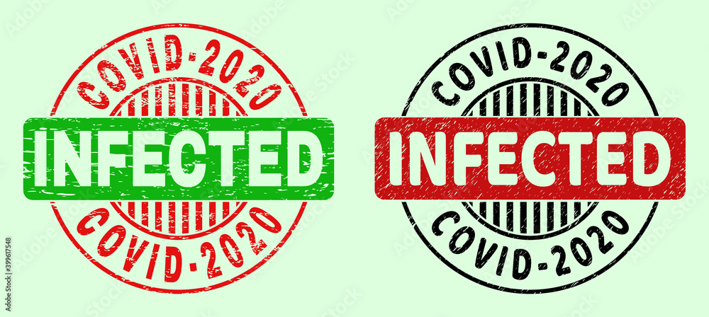 COVID-2020 INFECTED bicolor round watermarks with scratched texture. Flat vector grunge stamps with COVID-2020 INFECTED message inside round shape, in red, black, green colors. COVID-2020 INFECTED bicolor round watermarks with scratched texture. Flat vector grunge stamps with COVID-2020 INFECTED message inside round shape, in red, black, green colors.