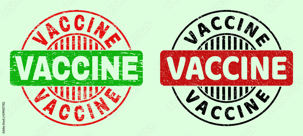 VACCINE bicolor round rubber imitations with unclean texture. Flat vector distress watermarks with VACCINE message inside round shape, in red, black, green colors. Round bicolor stamps.