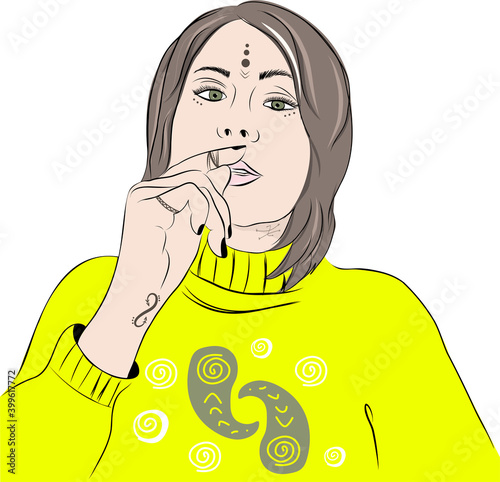 Portrait of a girl with ethnic tattoos and a yellow sweater. concept of online communication of a spiritualistic session. View from the monitor. Vector  illustration. Isolate on a white background.