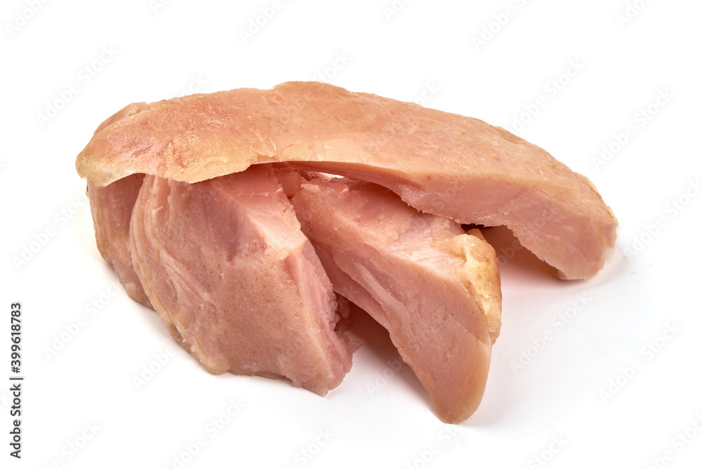 Smoked chicken meat pieces, isolated on white background Smoked chicken meat pieces, isolated on white background