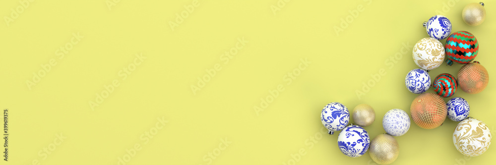 Many Christmas balloons with ornaments on a yellow background. The view from the top. New Year's concept. 3D visualization Many Christmas balloons with ornaments on a yellow background. The view from the top. New Year's concept. 3D visualization
