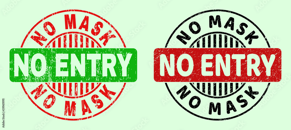 NO MASK NO ENTRY bicolor round imprints with grunge style. Flat vector textured watermarks with NO MASK NO ENTRY text inside round shape, in red, black, green colors. Round bicolor seal stamps. NO MASK NO ENTRY bicolor round imprints with grunge style. Flat vector textured watermarks with NO MASK NO ENTRY text inside round shape, in red, black, green colors. Round bicolor seal stamps.