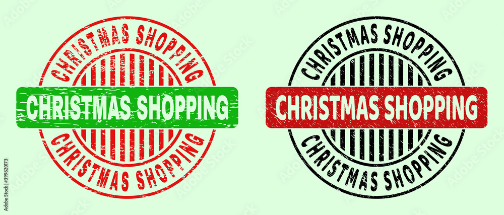 CHRISTMAS SHOPPING bicolor round imprints with corroded texture. Flat vector grunge seals with CHRISTMAS SHOPPING text inside round shape, in red, black, green colors. Round bicolor seals.