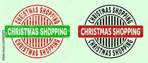 CHRISTMAS SHOPPING bicolor round imprints with corroded texture. Flat vector grunge seals with CHRISTMAS SHOPPING text inside round shape  in red  black  green colors. Round bicolor seals.