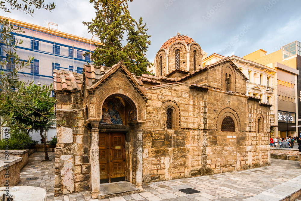 Panaghia Kapnikarea Church view on Ermou Street in Athens.