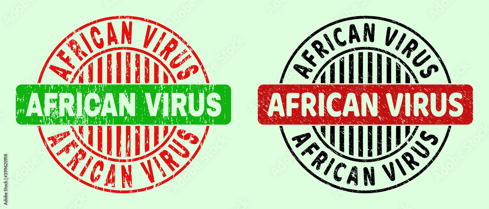 AFRICAN VIRUS bicolor round rubber imitations with scratched style. Flat vector scratched seal stamps using AFRICAN VIRUS message inside round shape, in red, black, green colors. AFRICAN VIRUS bicolor round rubber imitations with scratched style. Flat vector scratched seal stamps using AFRICAN VIRUS message inside round shape, in red, black, green colors.