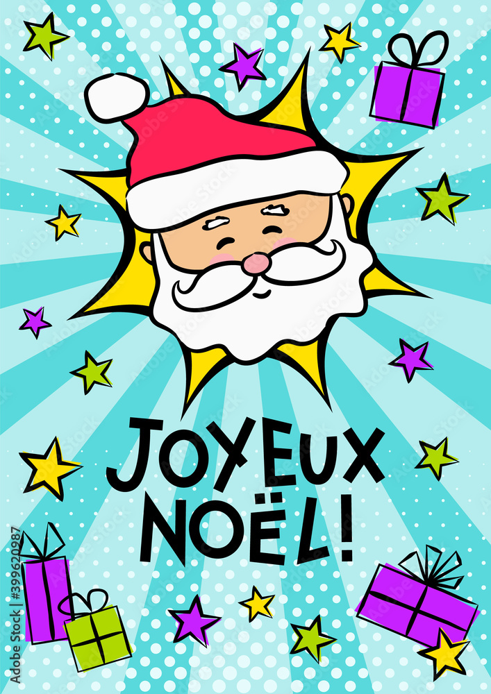 Naklejka premium French Merry Christmas pop art banner with Santa Claus. Comic greeting card for France with Merry Christmas, gifts and stars. Vector illustration. Translation: Merry Christmas