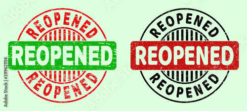 REOPENED bicolor round watermarks with corroded surface. Flat vector grunge watermarks with REOPENED caption inside circle, in red, black, green colors. Round bicolor stamps.
