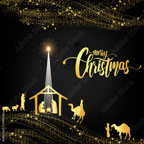 card or banner on Merry Christmas in gold on a black background with glitter and a nativity scene with animals and three wise men in gold