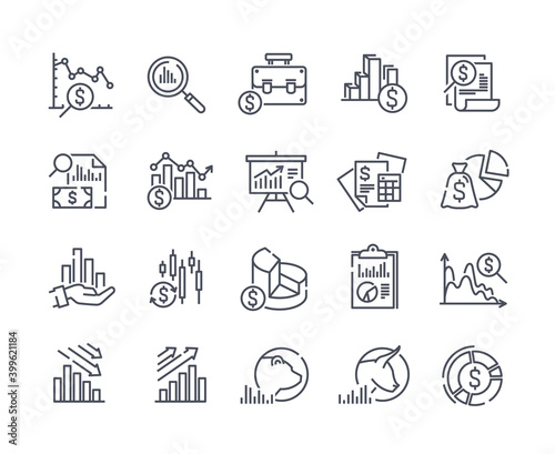 Set of financial analytics related vector line icons. Gainers and losers, portfolio analysis, financial report and more. Editable Stroke