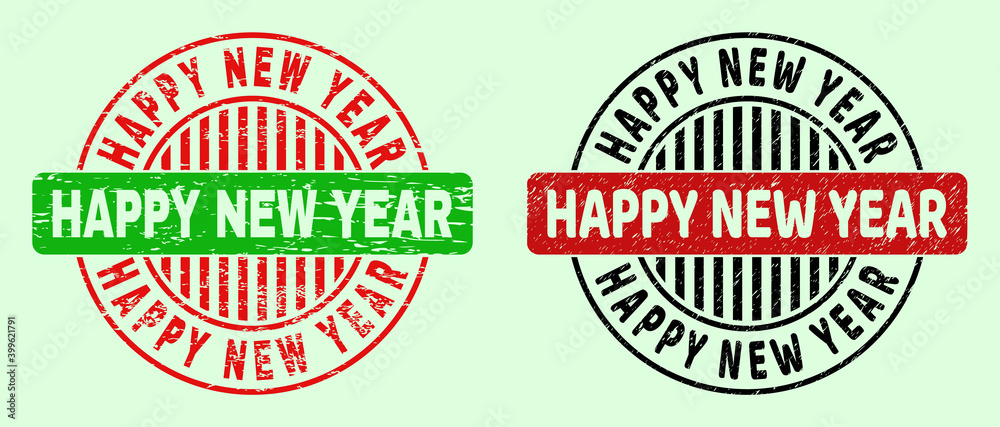 HAPPY NEW YEAR bicolor round imprints with unclean surface. Flat vector distress watermarks with HAPPY NEW YEAR title inside round shape, in red, black, green colors. Round bicolor seal stamps.