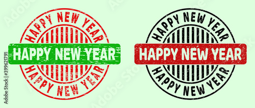 HAPPY NEW YEAR bicolor round imprints with unclean surface. Flat vector distress watermarks with HAPPY NEW YEAR title inside round shape, in red, black, green colors. Round bicolor seal stamps.
