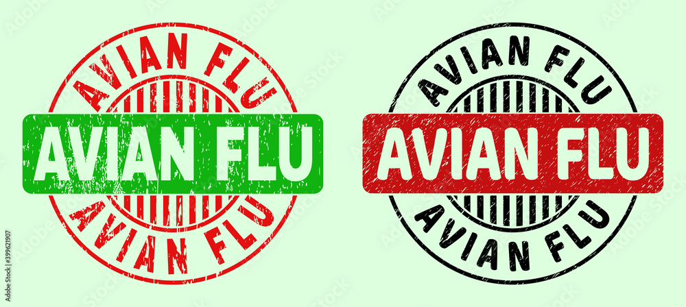 AVIAN FLU bicolor round imprints with distress style. Flat vector grunge watermarks with AVIAN FLU title inside round shape, in red, black, green colors. Round bicolor stamps. AVIAN FLU bicolor round imprints with distress style. Flat vector grunge watermarks with AVIAN FLU title inside round shape, in red, black, green colors. Round bicolor stamps.