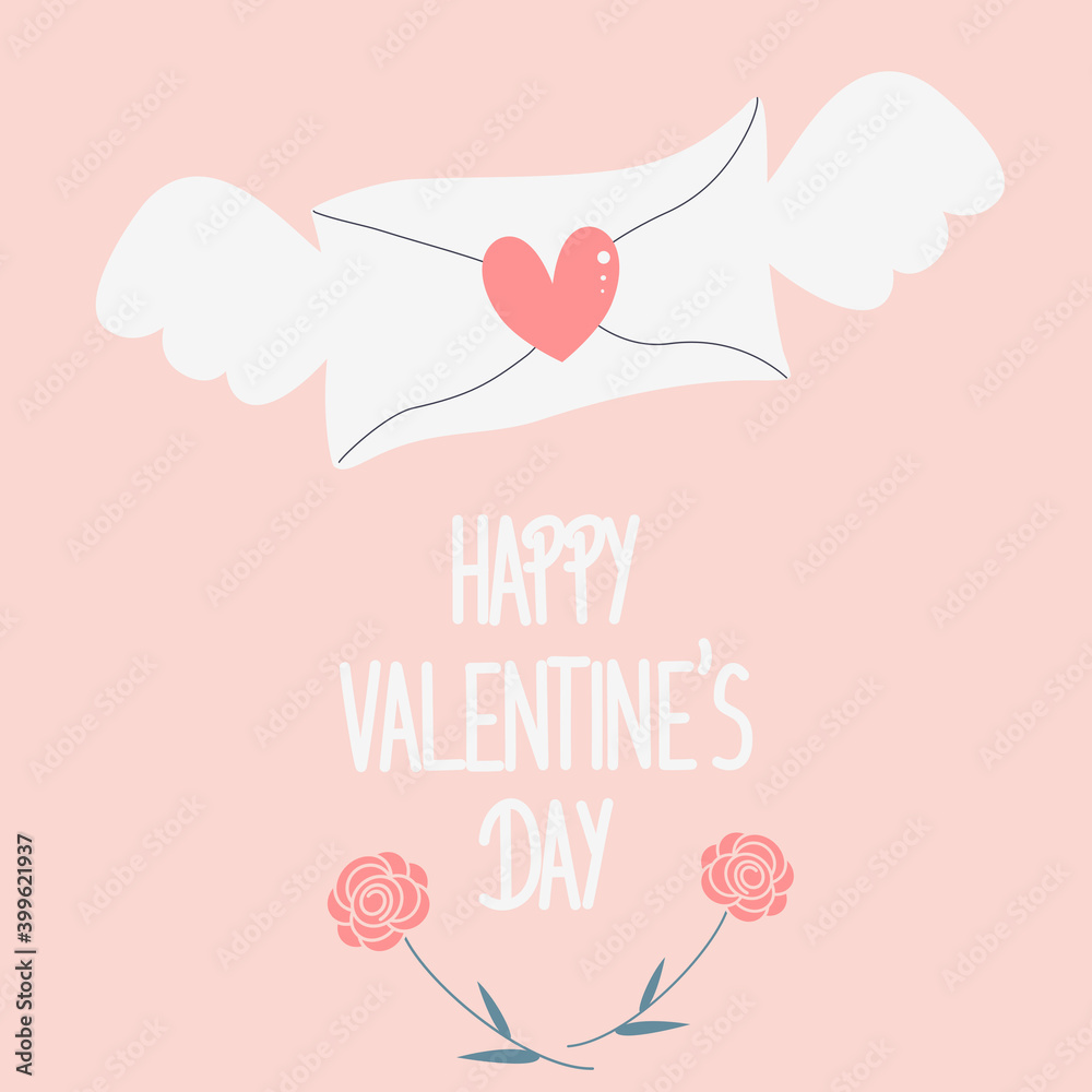 Cute hand drawn lettering happy valentine’s day vector card illustration with romantic floating love letter 