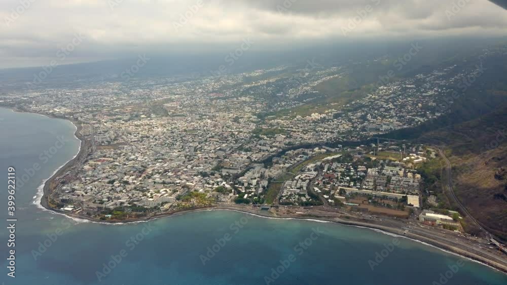 Aerial view of Saint Denis Reunion island under cloudy sky Aerial view of Saint Denis Reunion island under cloudy sky